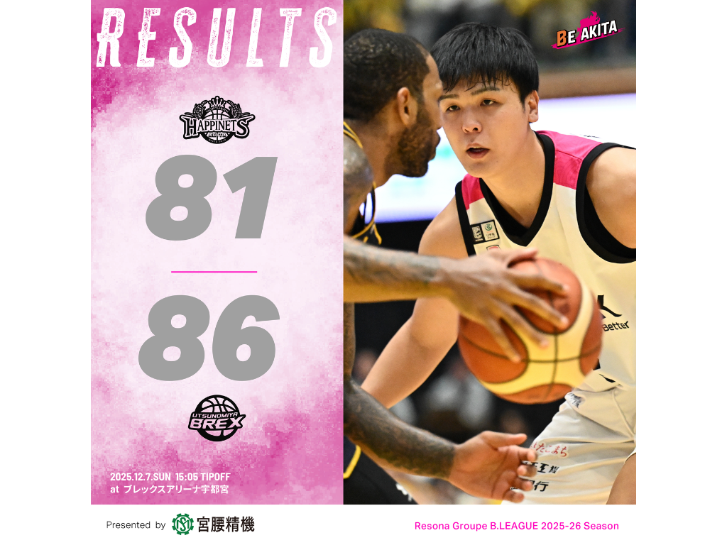 試合結果】12/7（日）第12節 VS宇都宮ブレックス GAME2@ブレックス