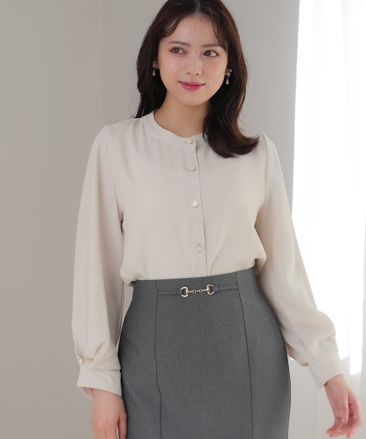 配色袖パールブラウス