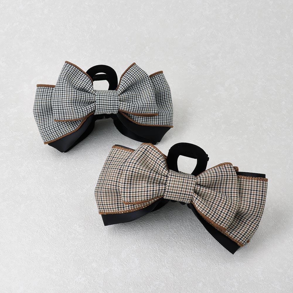 ヘアクリップ チェック柄 ブラック リボン ロールバンスクリップ