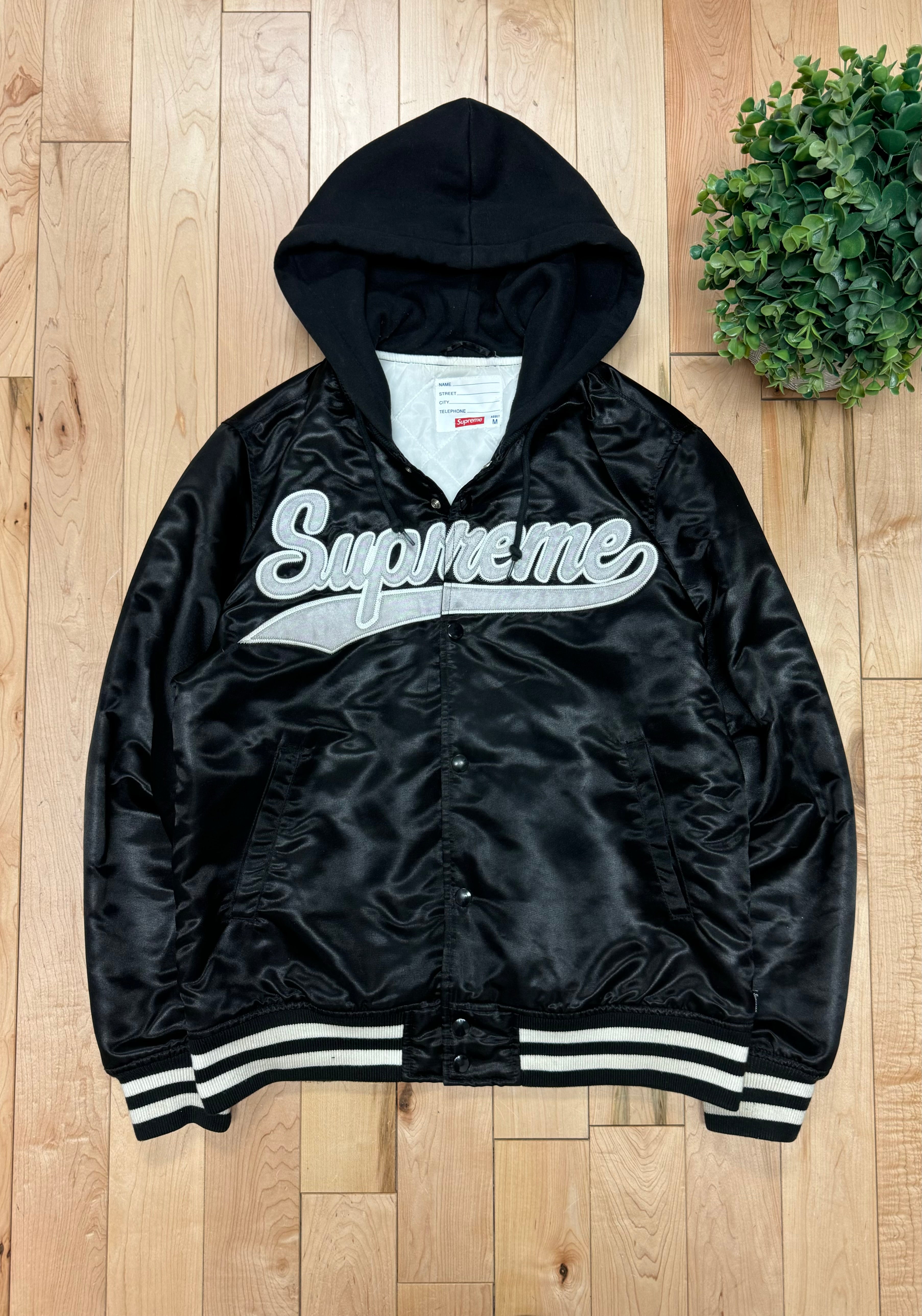 SS2014 Supreme 'Black Satin' Hooded Varsity Jacket – Alex Maxamenko