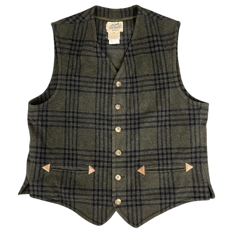 HERMES】エルメス ジレ チェック柄 ベスト メンズ ウール ジャポンタグ