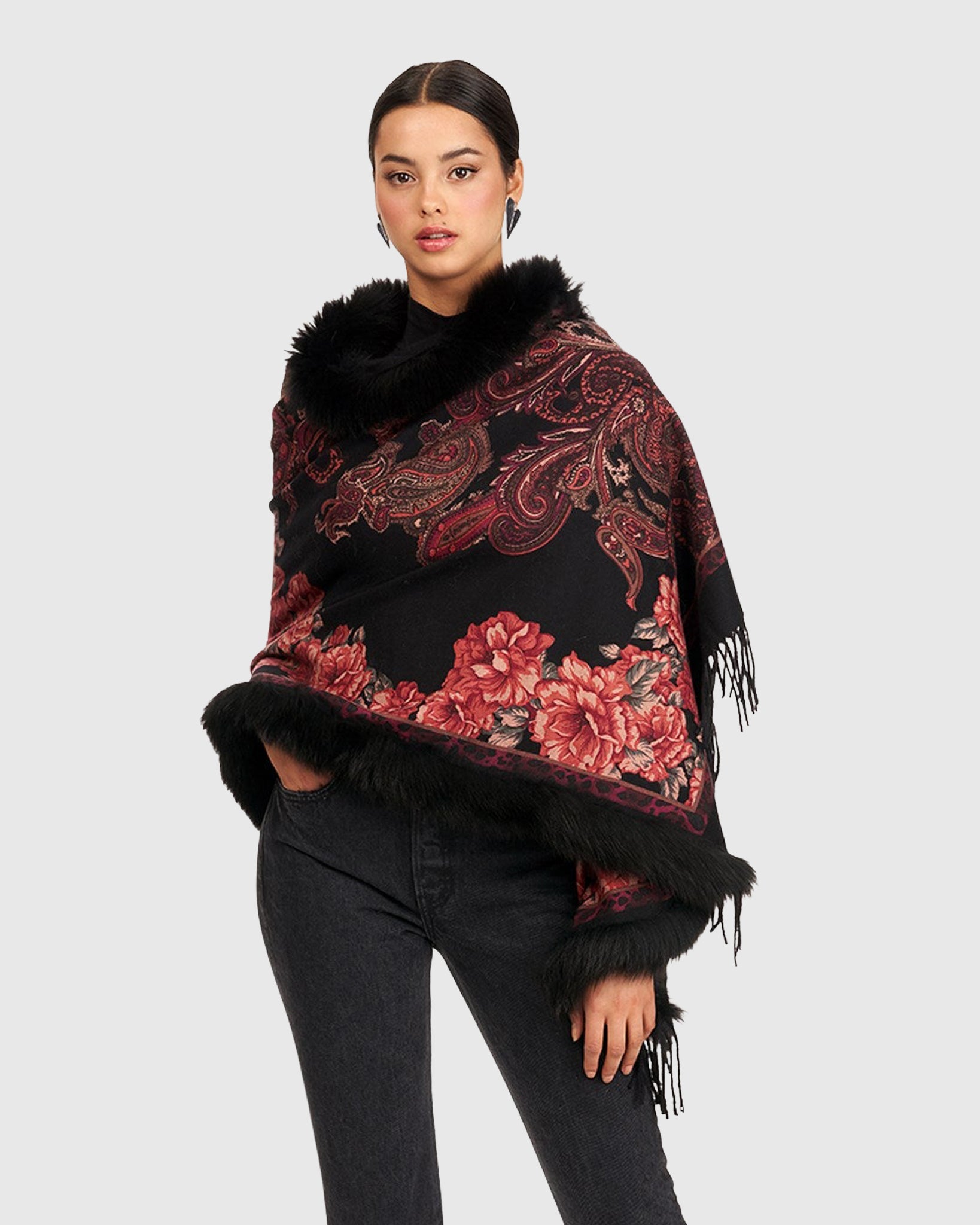 Printed Cashmere Stole with Fox Trim