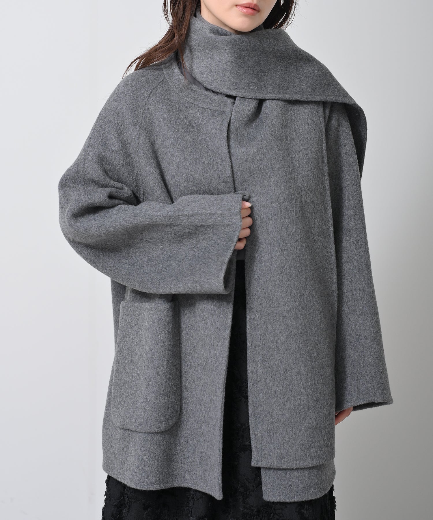 Scarf-Attached Wool Coat