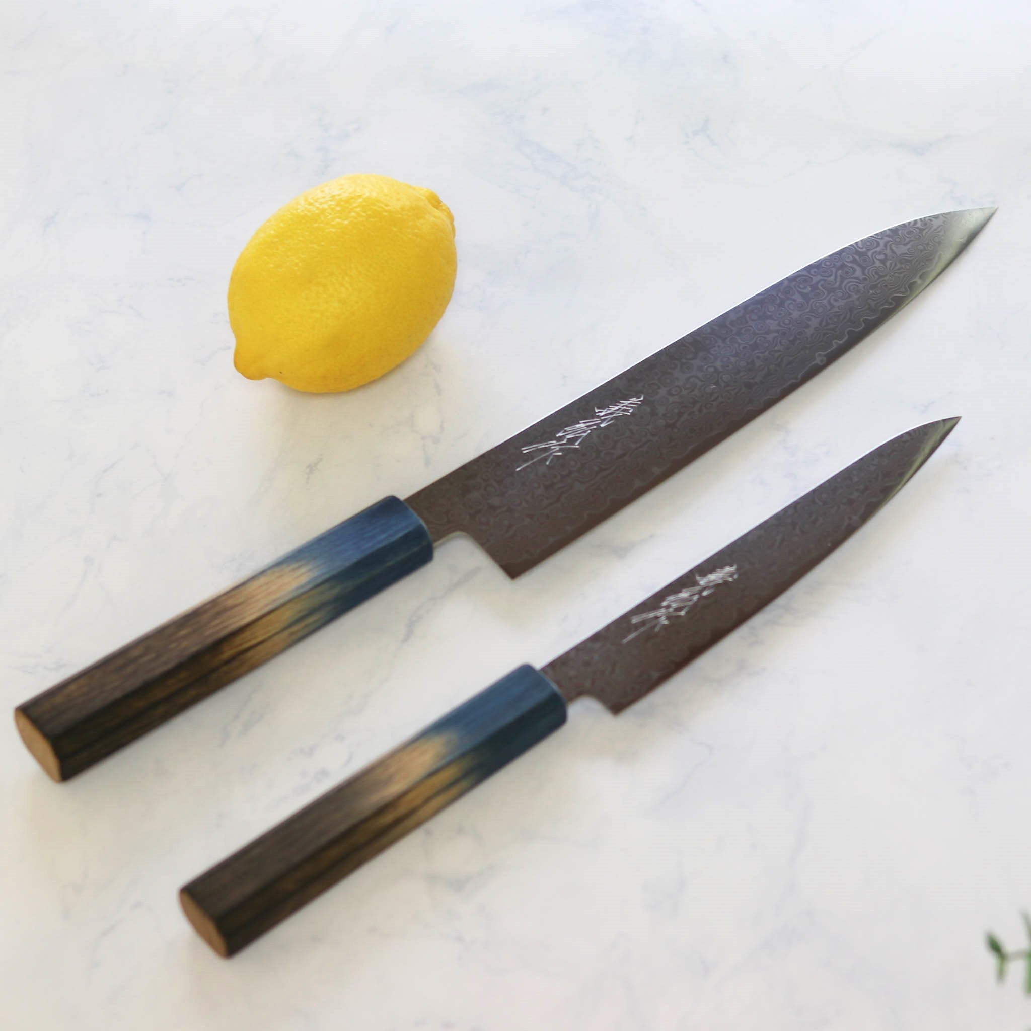 堺打刃物 包丁セット | ダマスカス67層 ペティ× 牛刀 両刃 | 暁ハンドル