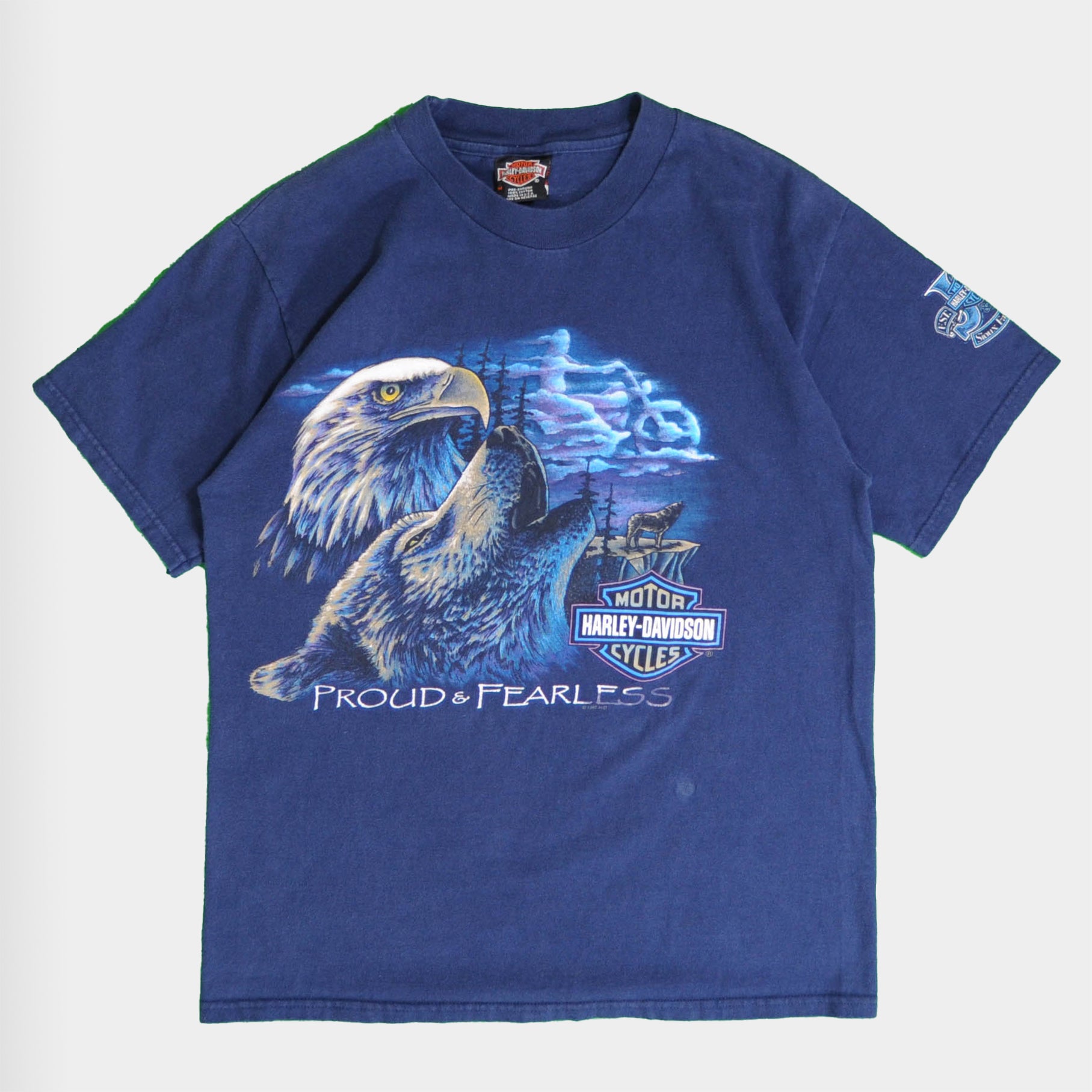 90's Harley Davidson ハーレー PROUD&FEARLESS 狼イーグルTシャツ 青