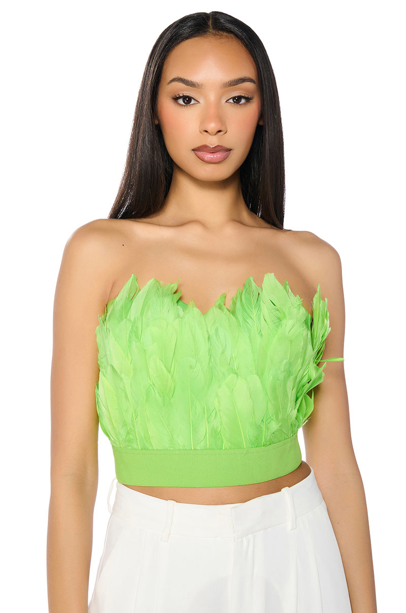 FLY AWAY FEATHER TUBE TOP IN NEON GREEN – AKIRA