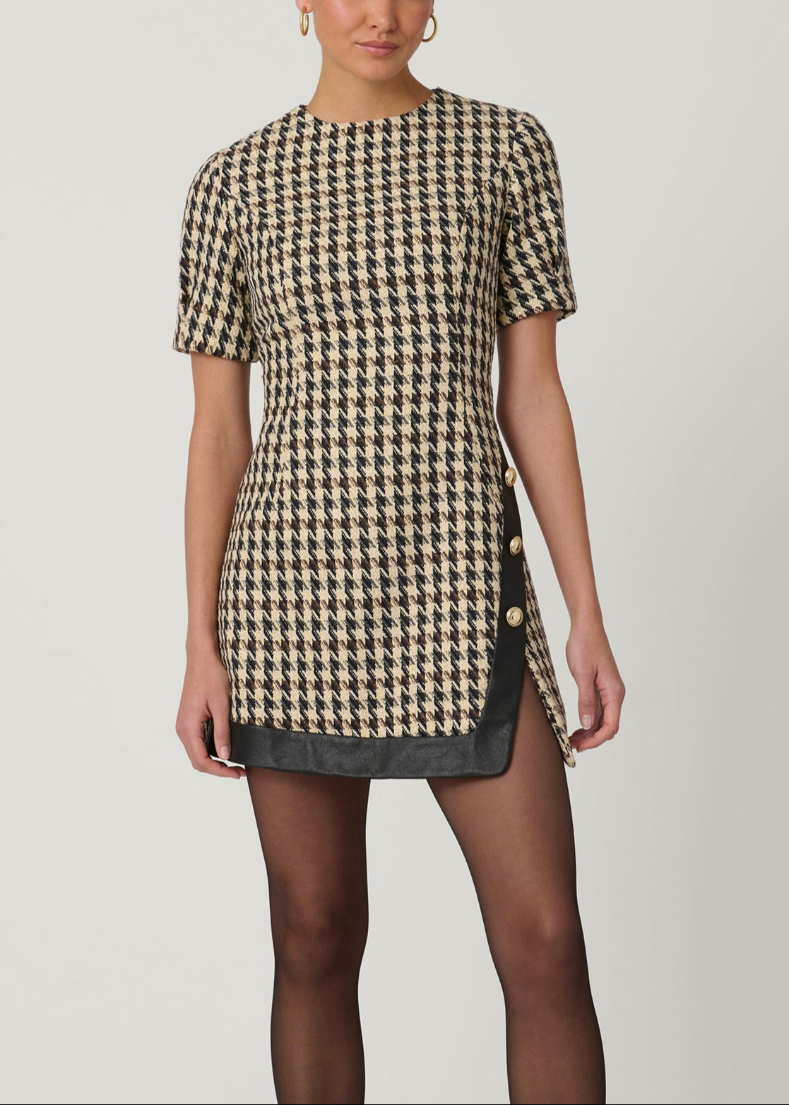 Irene Gold Tweed Leather Metallic Mini A-Line Pleated Dress