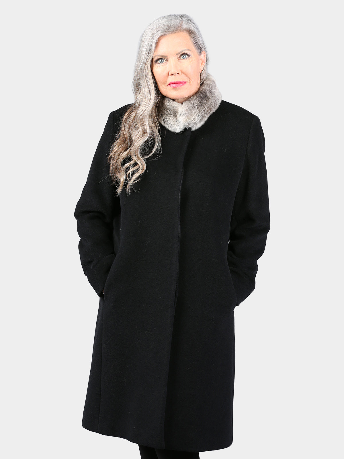 Woman's Black Alpaca Wool Coat with Chinchilla Fur Collar