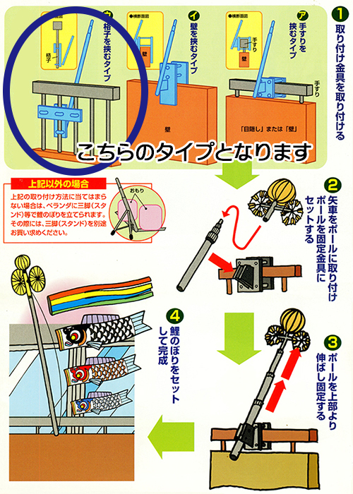 2m Skyゴールド鯉のぼり ベランダセット｜人形の伏見屋