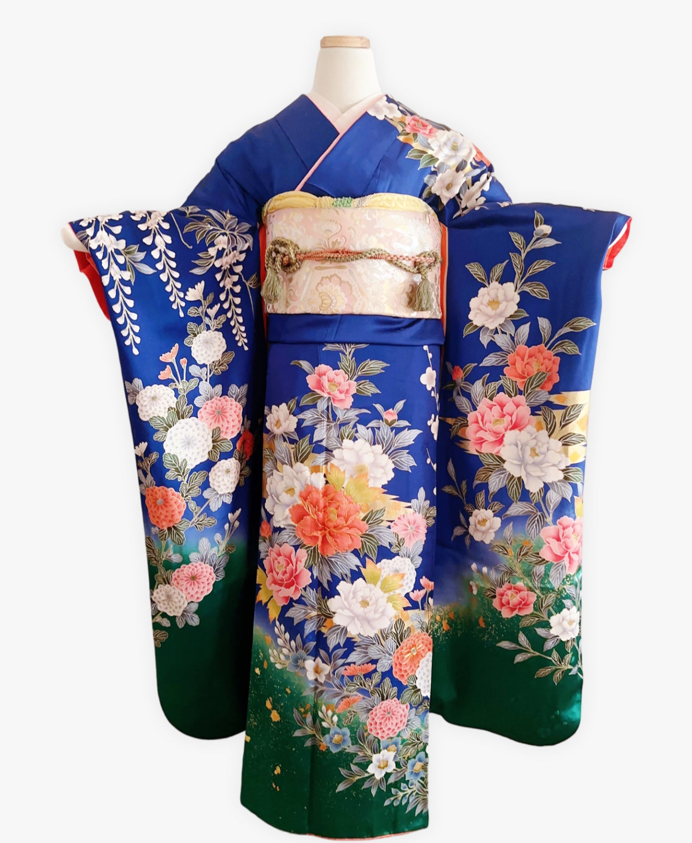 成人式振袖レンタル・瑠璃色 青系 暈し染め 金彩 牡丹 藤 花草 ZX614-C