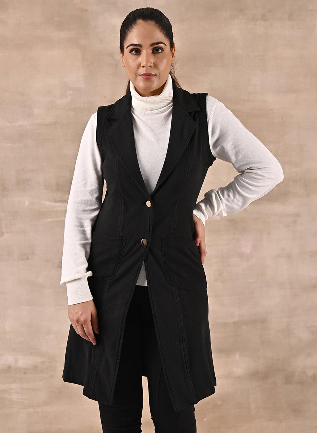 Black Sleeveless Trench Coat with Notch Collar-22WLFJ0465-6 – Lakshita