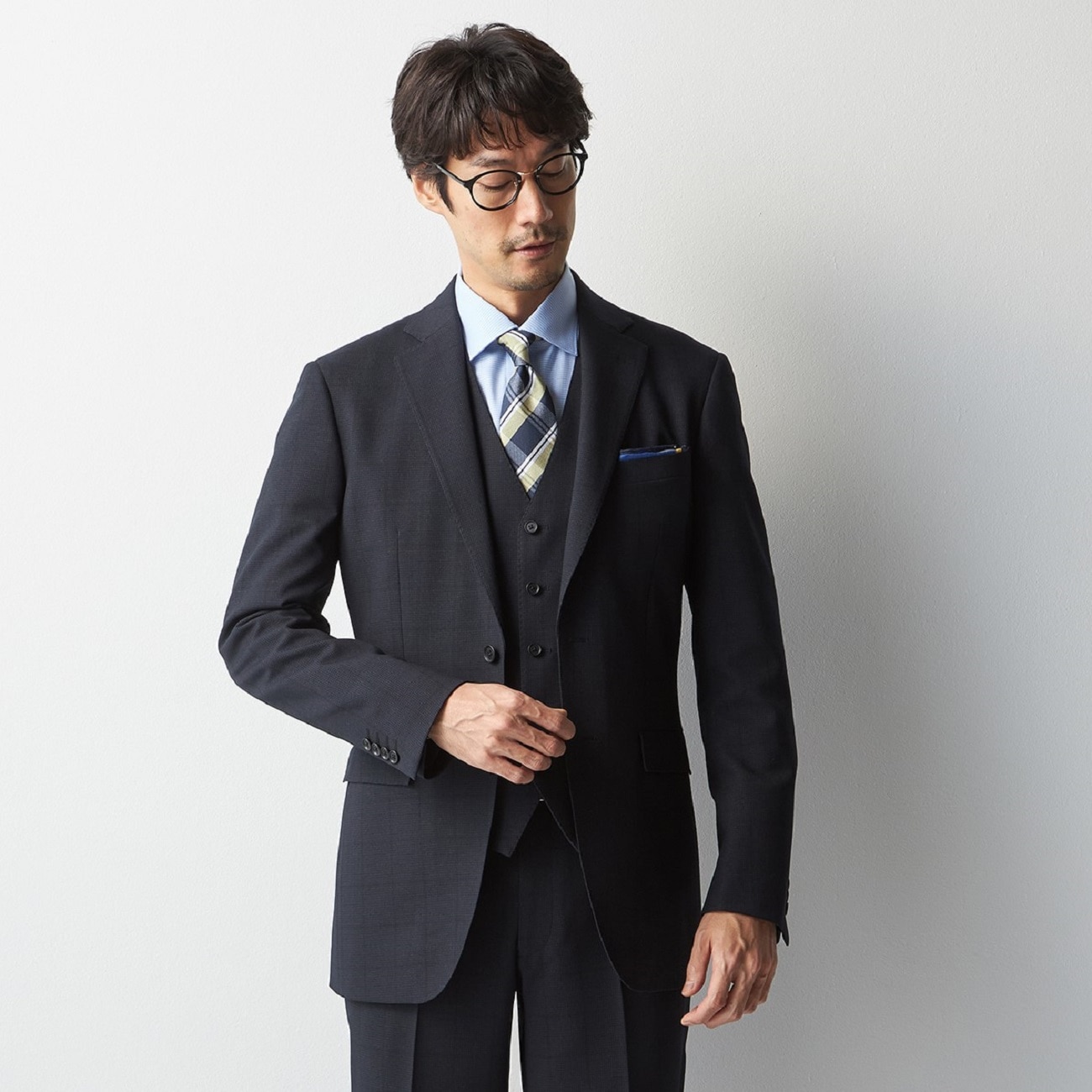 スマートテックスーツ 3ピース ウインドウペン 2つボタン