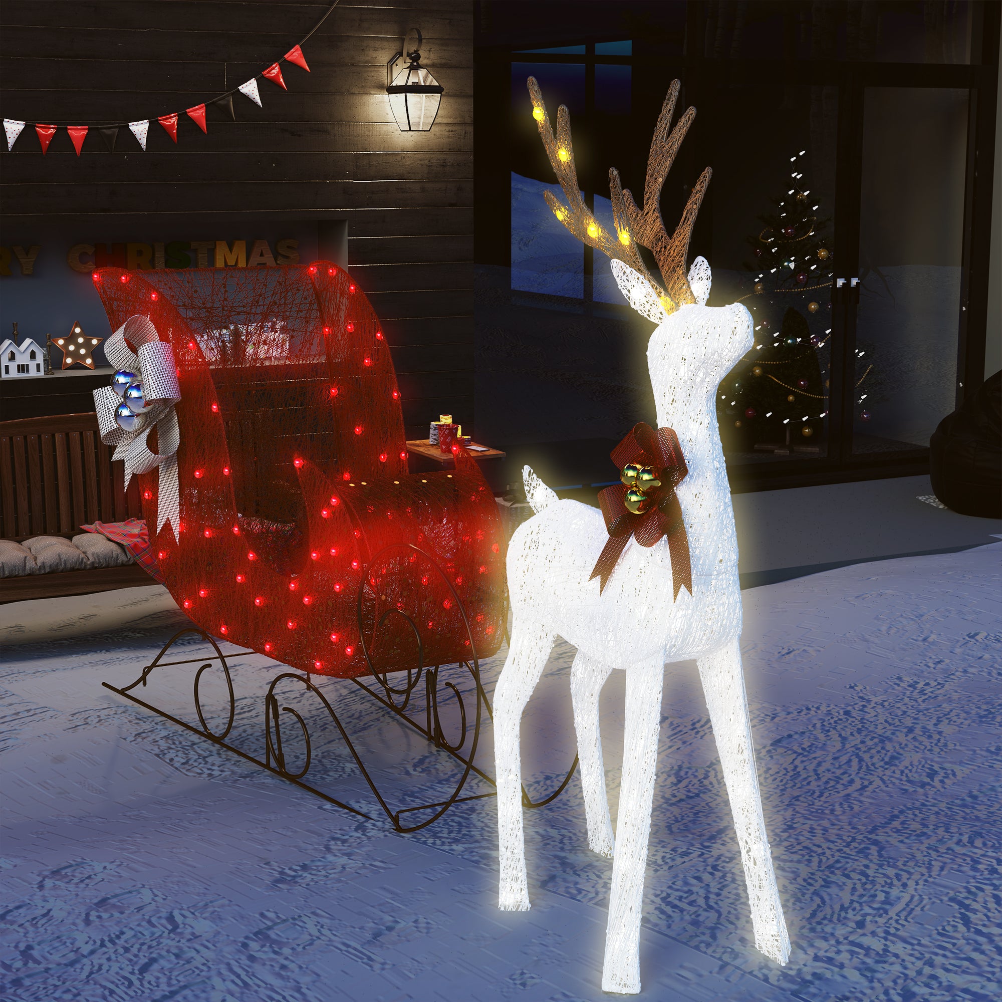 ライト付きクリスマスのトナカイとそりセット – 屋外用LED装飾