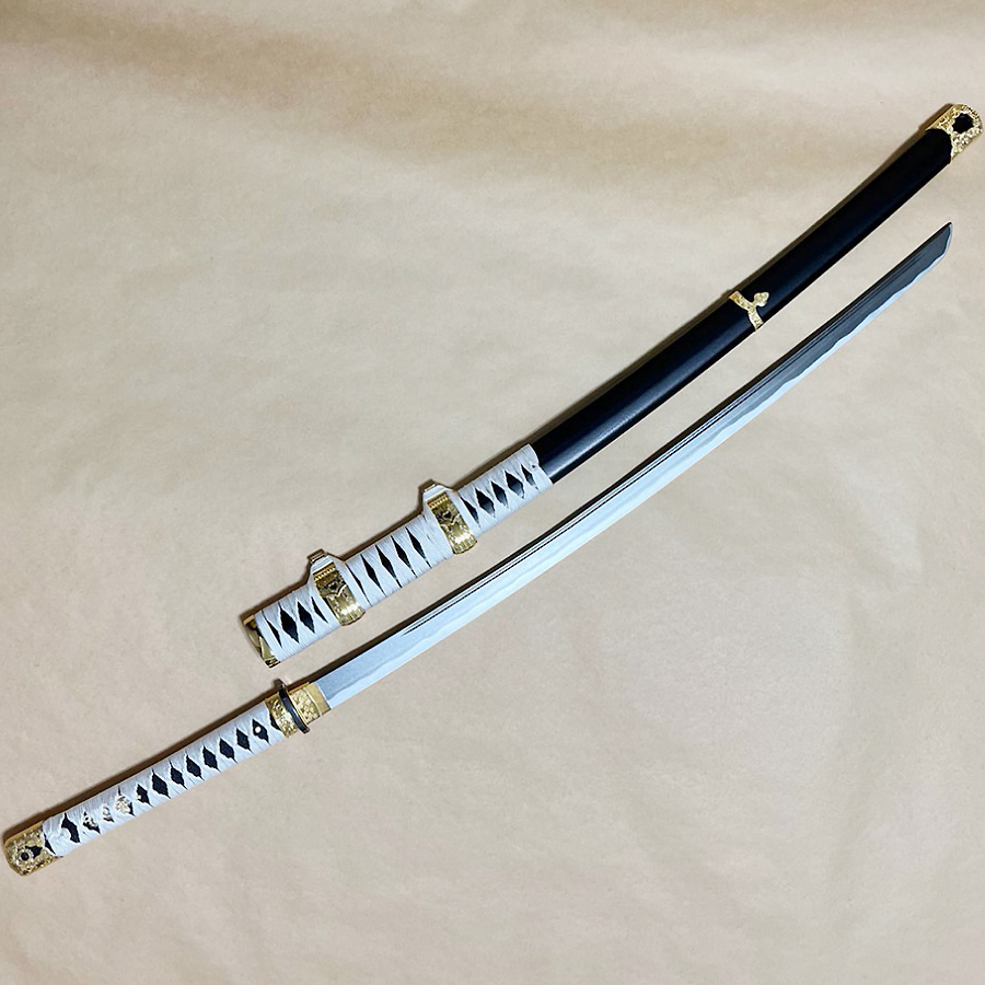 竹光模造刀 白糸太刀拵え 足金物（金）小さい鍔 食み出し鍔・本格竹光