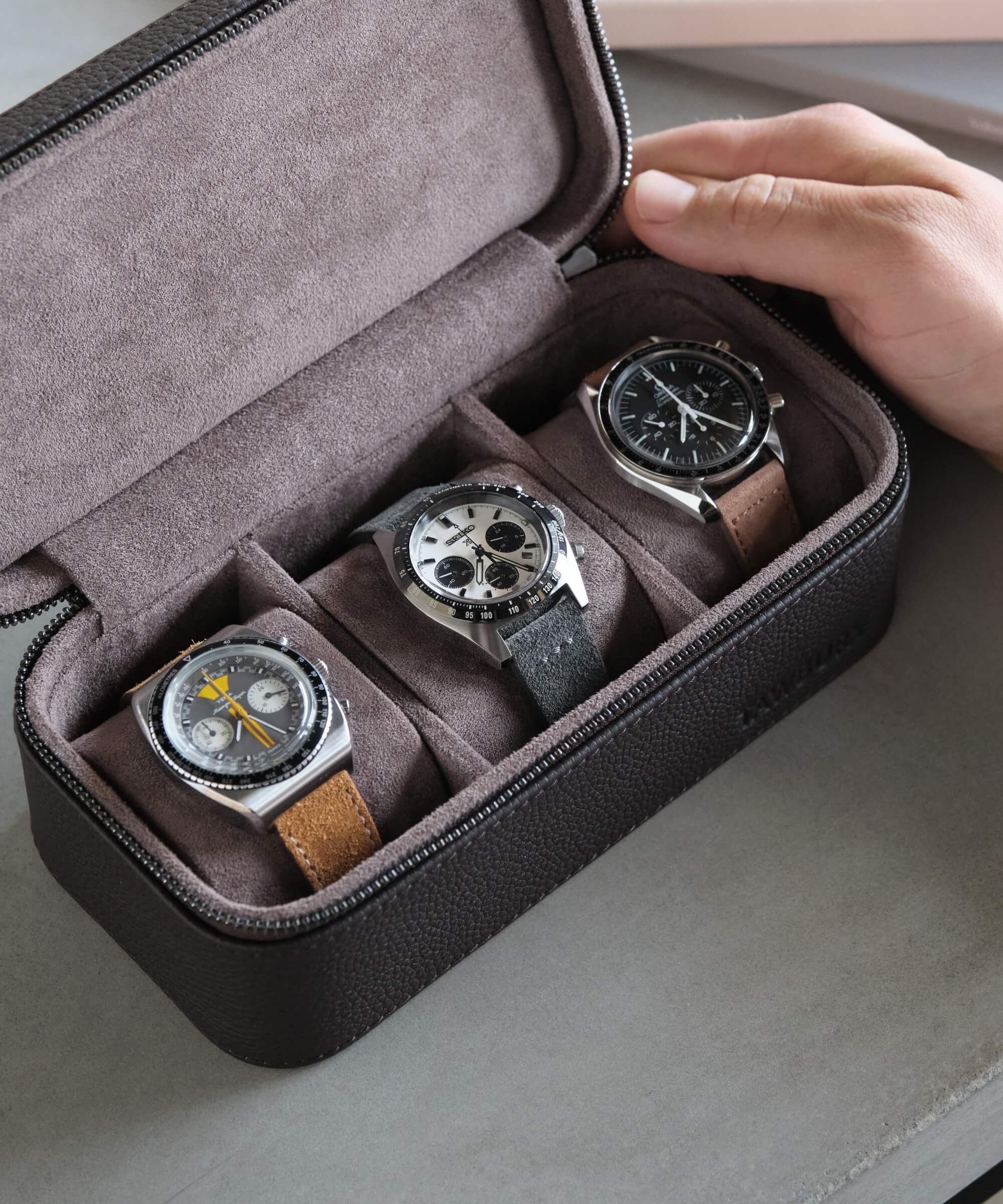 Genuine Leather 3 Watch Travel Case (Brown) | TAWBURY Fraser