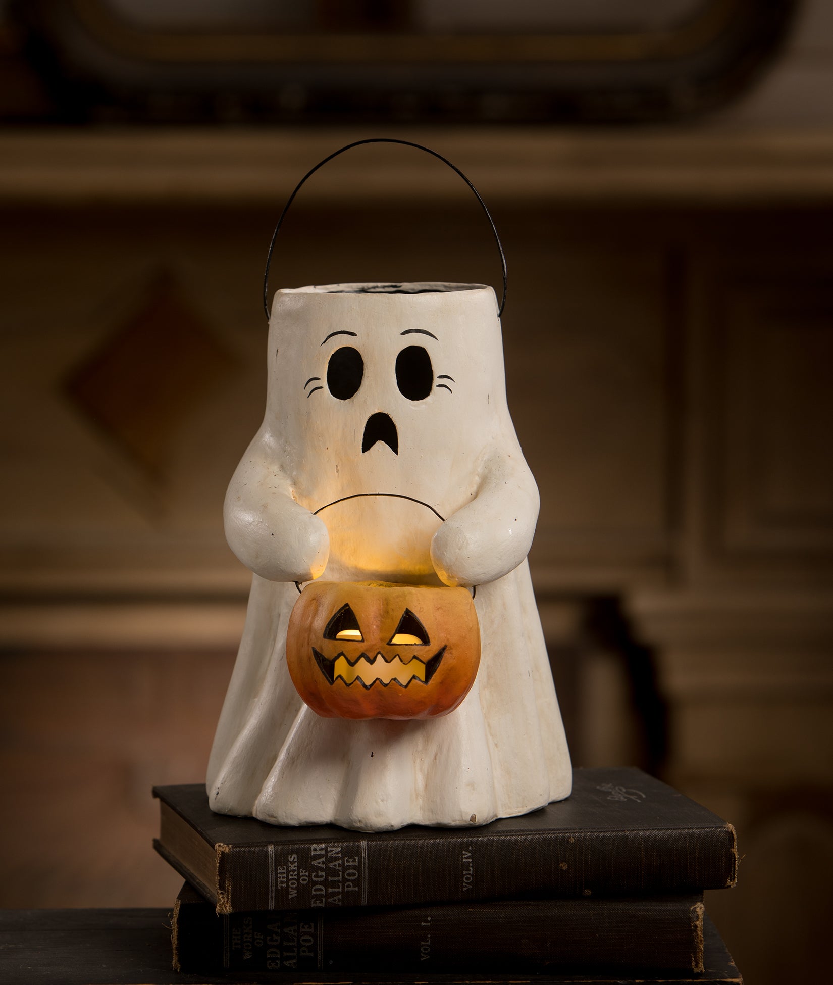 Scaredy Boo Ghost with Pumpkin Bucket Paper Mache Ghost Bethany