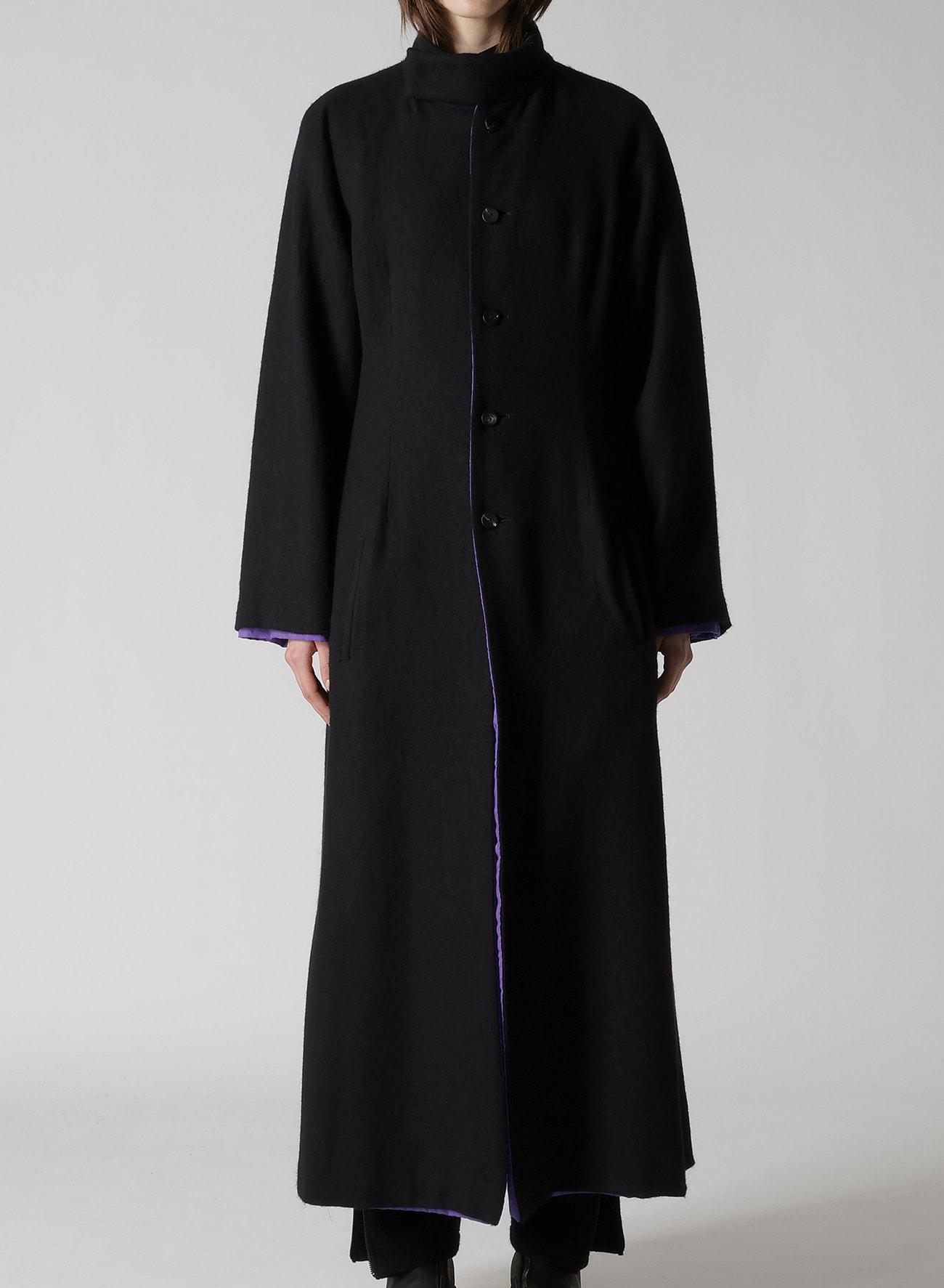 OVERDYE WOOL VIERA REVERSIBLE STAND COLLAR COAT(XS Black): Yohji