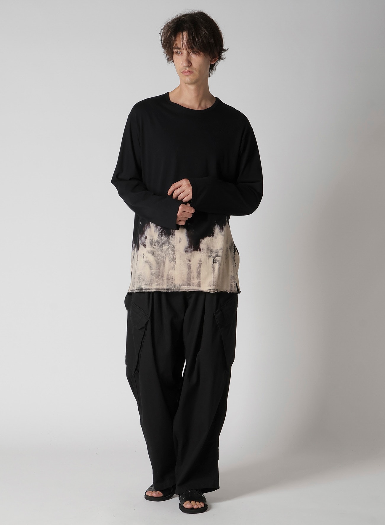 30/- DISCHARGED COMBED PS ROUND NECK LONG SLV T(M Black): Yohji