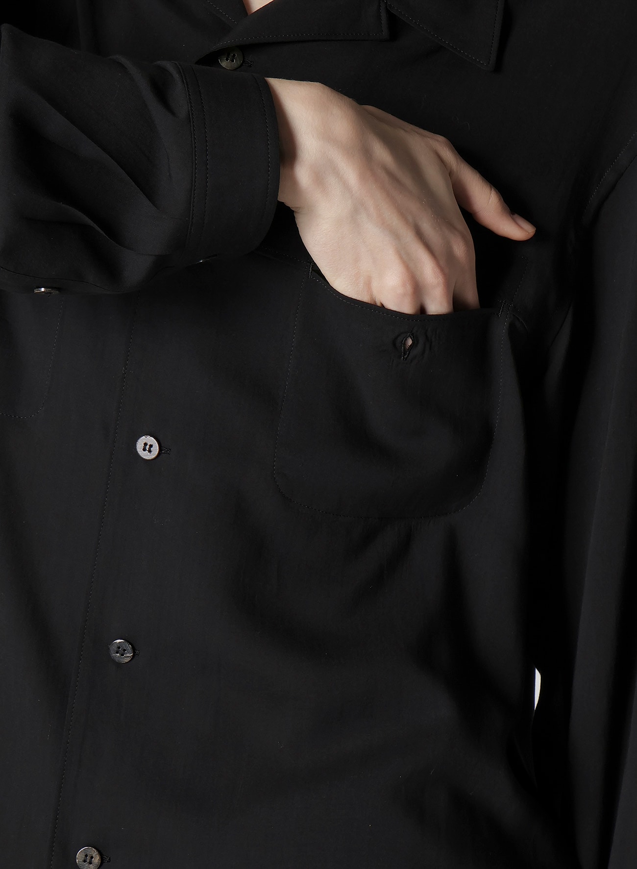 CELLULOSE LAWN PANEL OPEN-COLLAR SHIRT(S Black): Soldes｜THE SHOP