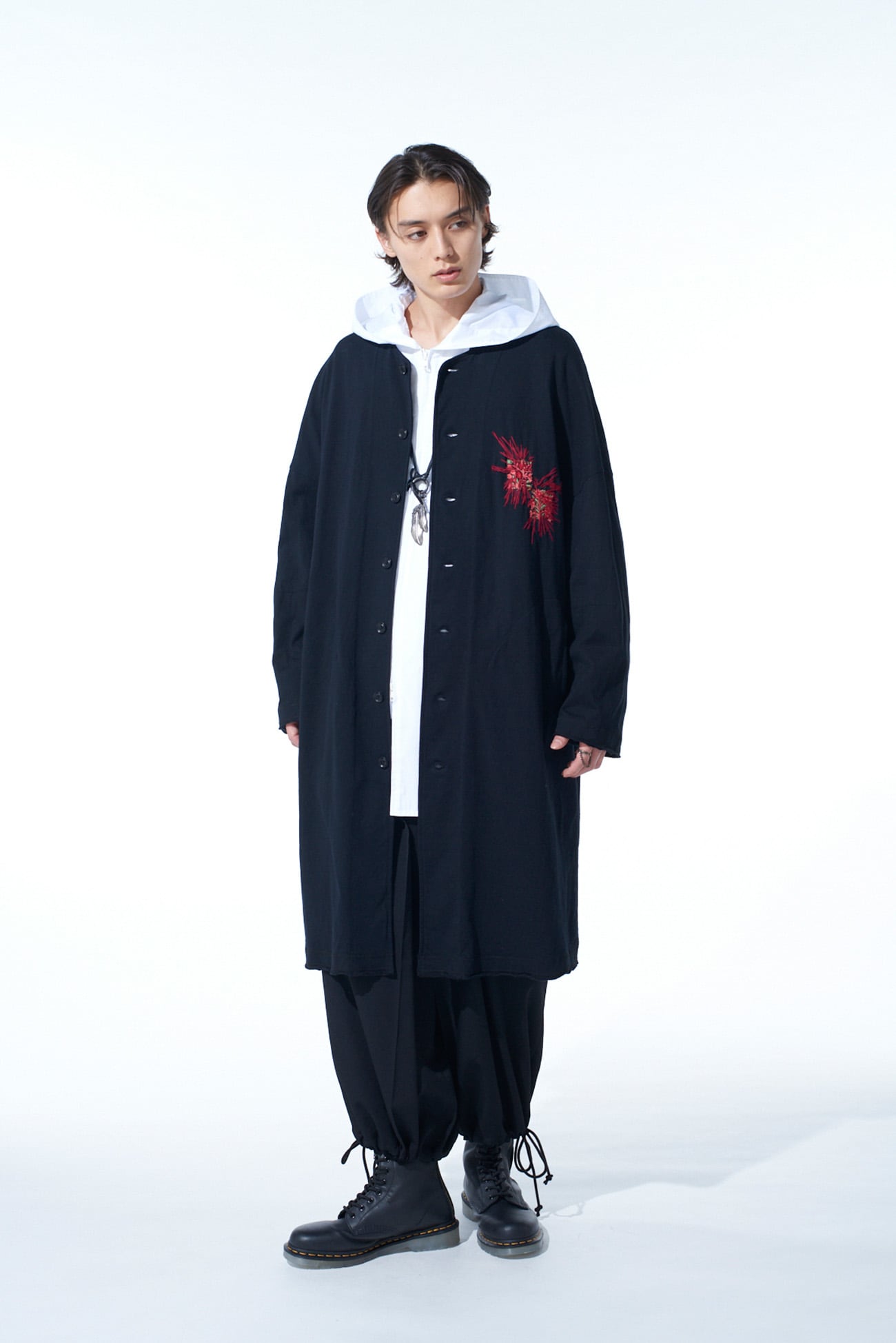 CLASSIC JERSEY TYROLEAN EMBROIDERY COLLARLESS LONG CARDIGAN(M