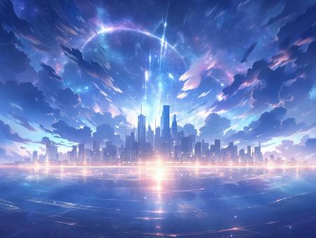 ファンタジー世界の輝く水辺に建つ城_背景に似ているイラスト素材