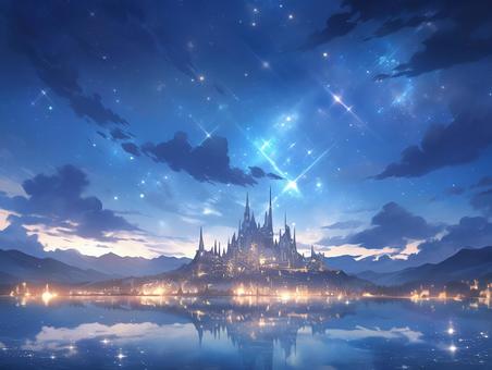 湖面に映る古城と緑豊かな城下町_背景画イラスト - No: 26740289｜無料