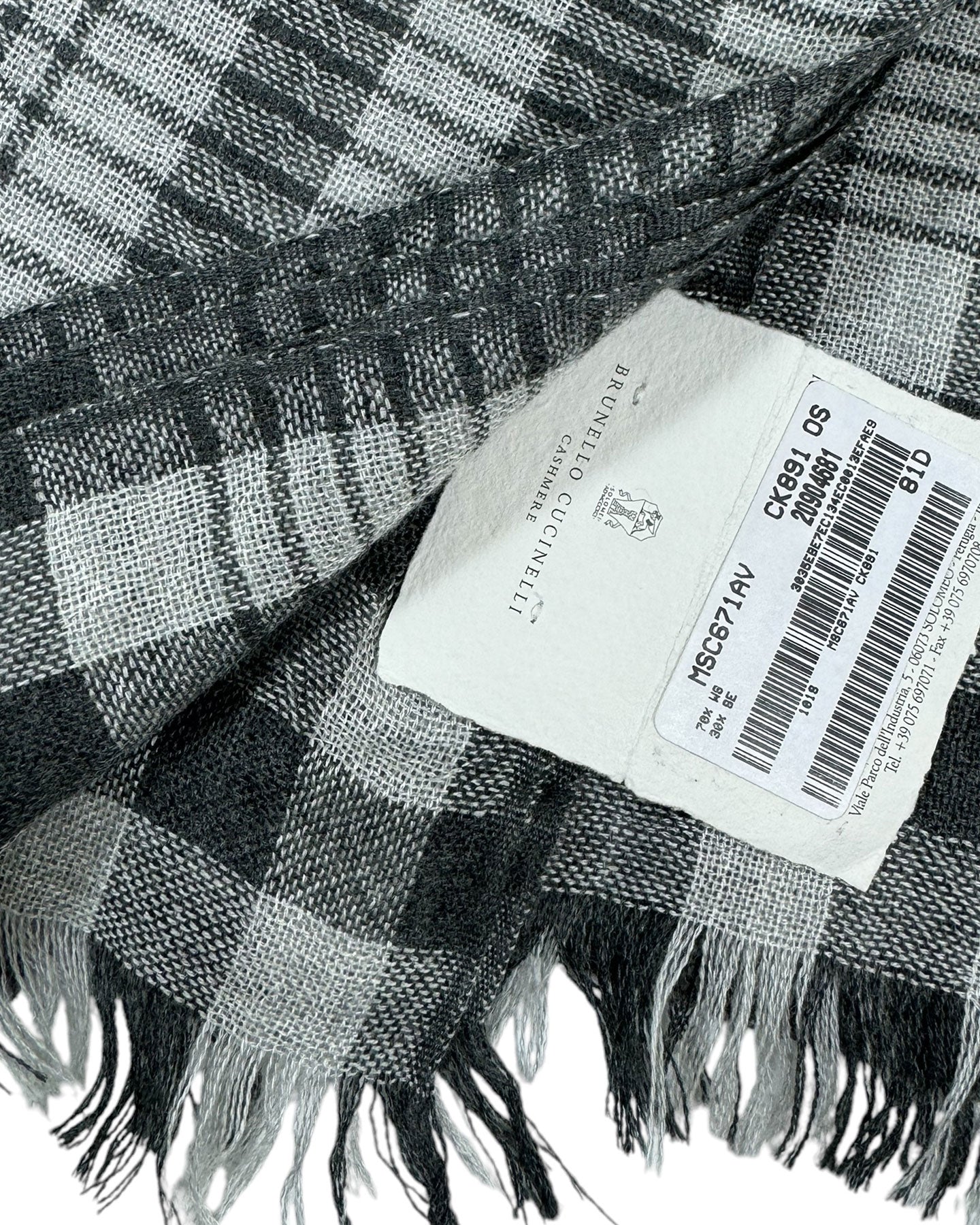 Brunello Cucinelli Scarf Black Gray Plaid Cashmere Silk Shawl