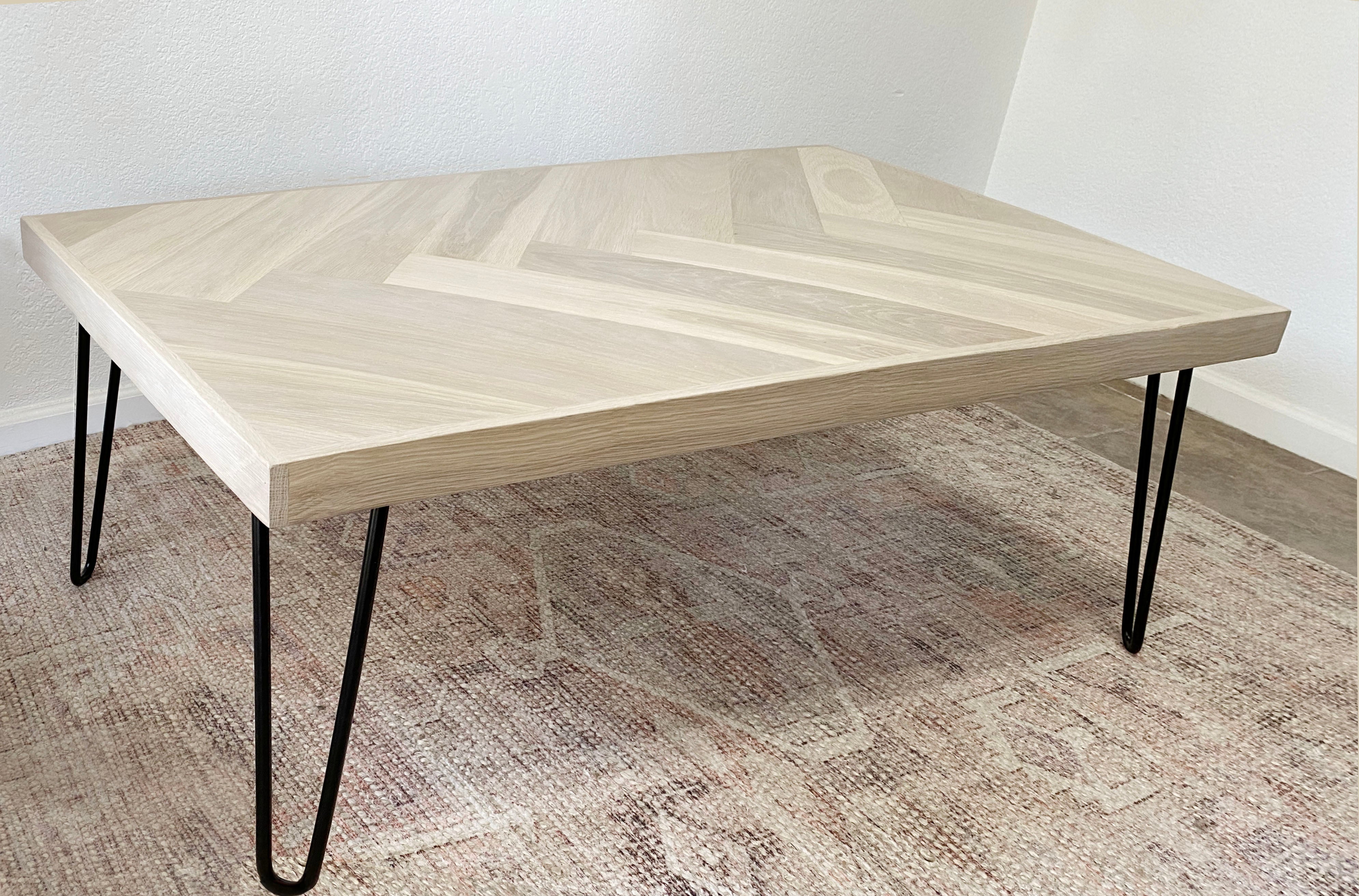 White Oak Wood Herringbone Coffee Table, Metal Hairpin or Tapered