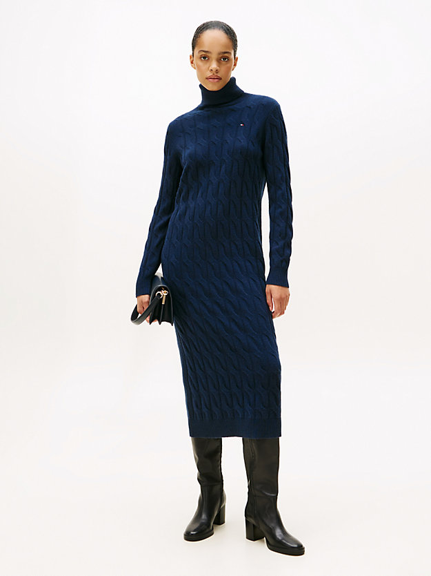 Cable Knit Midi Soft Wool Jumper Dress | Blue | Tommy Hilfiger