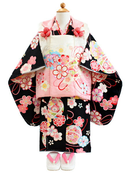 七五三 正絹 着物 3歳 女の子 被布6点フルセット 黒 梅 三ツ身着物 白