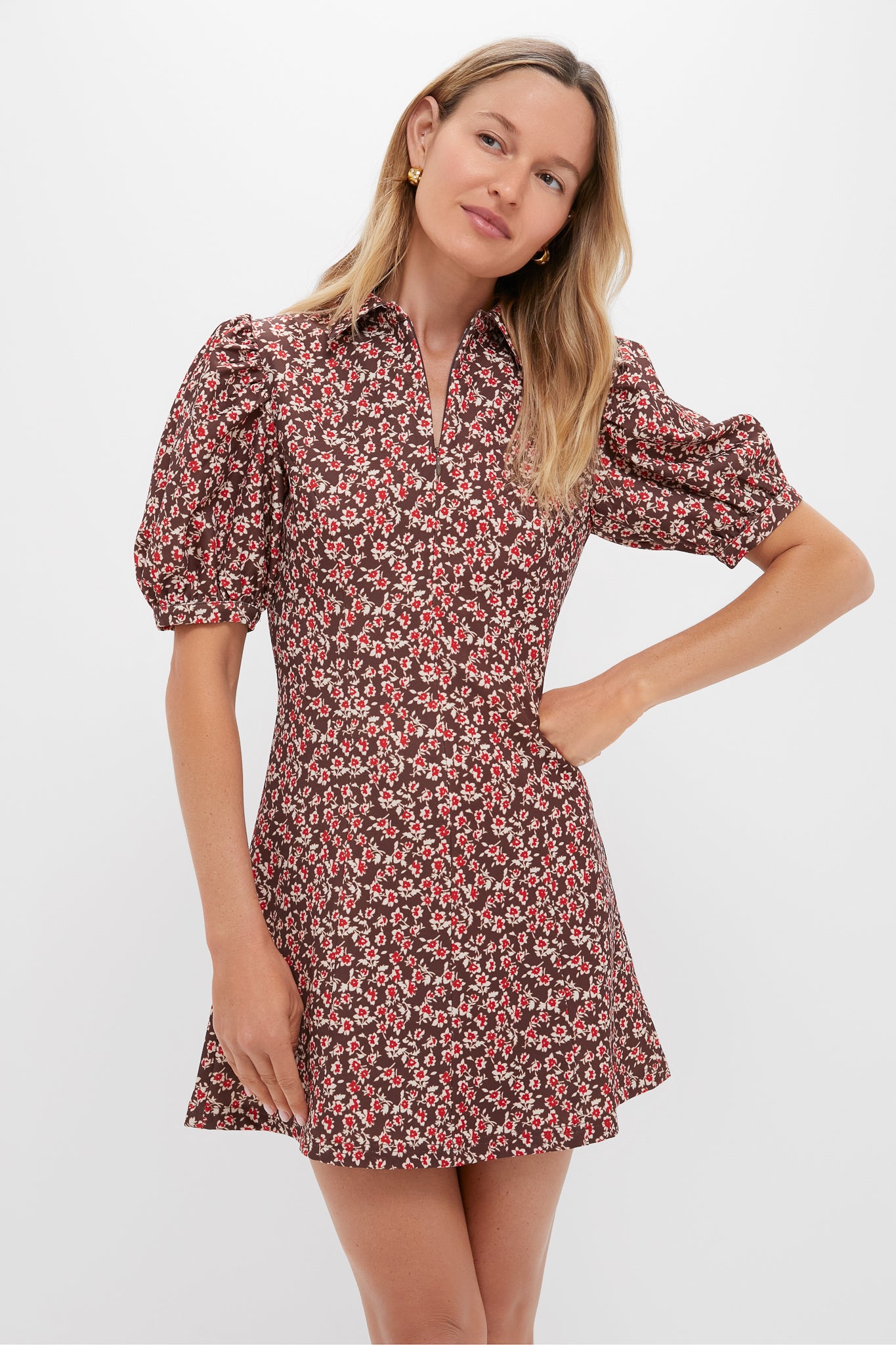 Brown & Red Floral Corduroy Front Zip Mini Dress | Hyacinth House