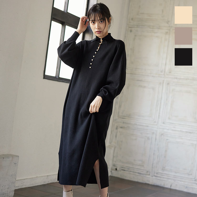 楽天市場】ハイネックカラーパールボタンニットワンピース [E2618