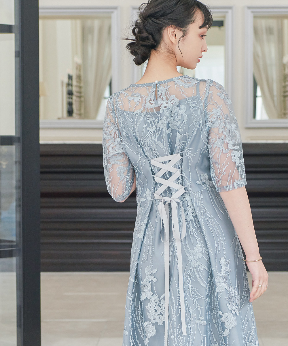 楽天市場】結婚式 ワンピース パーティードレス 総レース シアー 5分袖