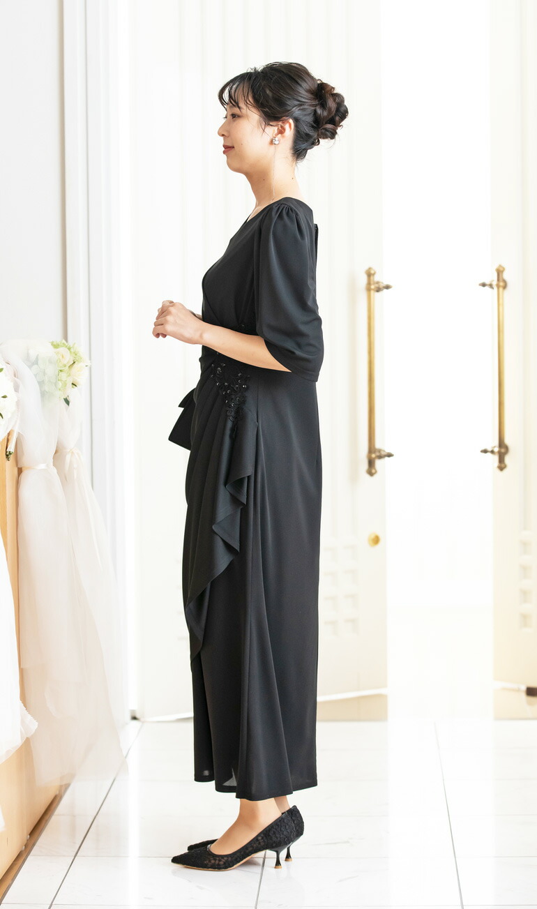 楽天市場】結婚式 母親 五分袖 ブラック ロングドレス 黒 マザードレス