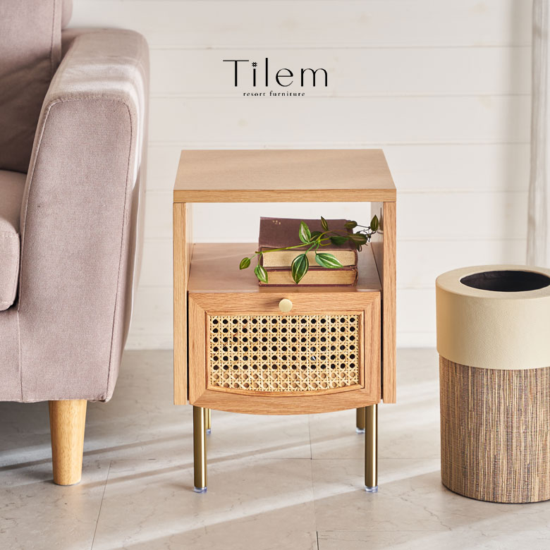 ラタン 籐家具 キャスター付き タイル 引き出し サイドテーブル サイド