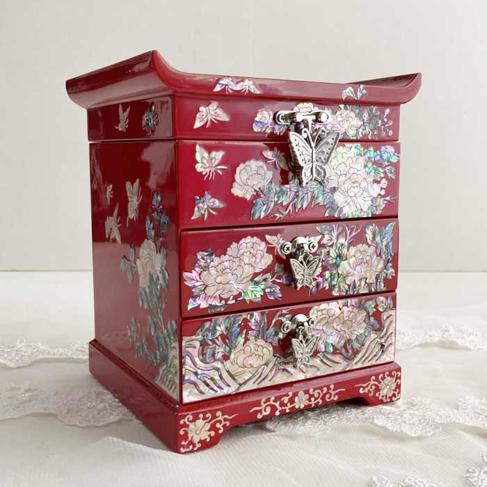 楽天市場】韓国螺鈿宝石箱 牡丹3段引き出しジュエリーボックス(紅赤
