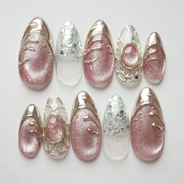 楽天市場】ジェルネイルチップ マグネットピンク×シルバーフレンチ