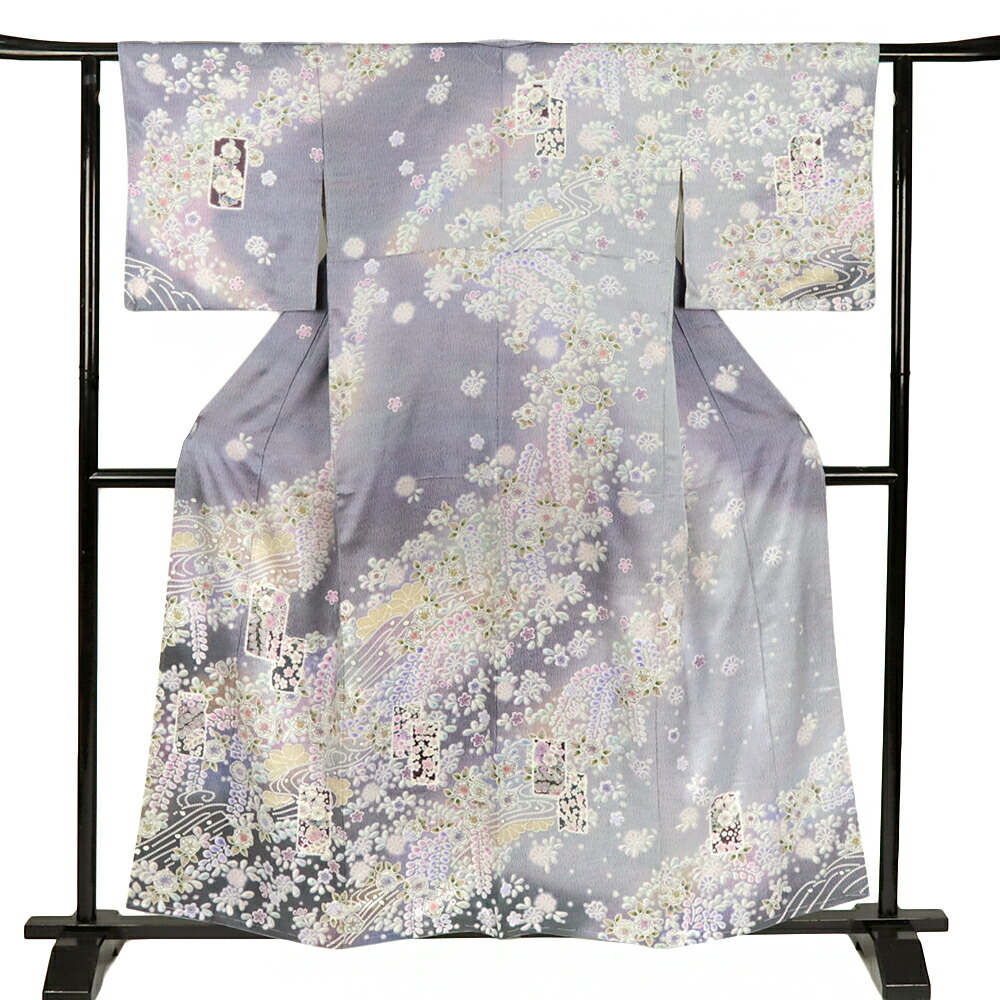 楽天市場】訪問着 正絹 絞り 辻が花 ぼかし 紫 灰藤 墨黒 白 着物