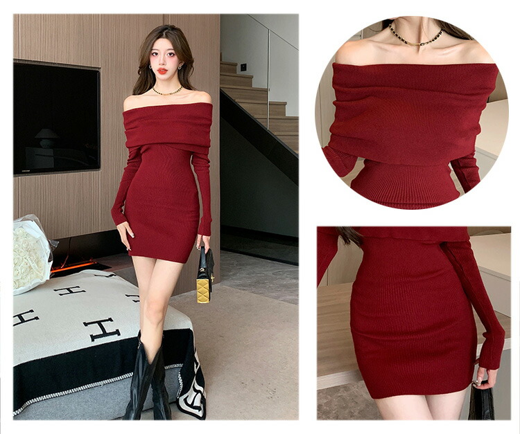 楽天市場】オフショルダー ニットワンピース 全2色 ミニワンピース