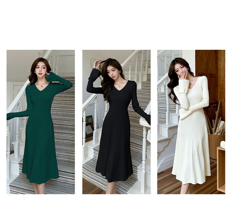 楽天市場】Aライン ニットワンピース Vネック フレア袖 リブニット
