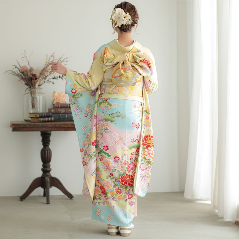 楽天市場】【成人式 振袖 レンタル】RS1865 正絹 黄ぼかし 吉祥貝桶に