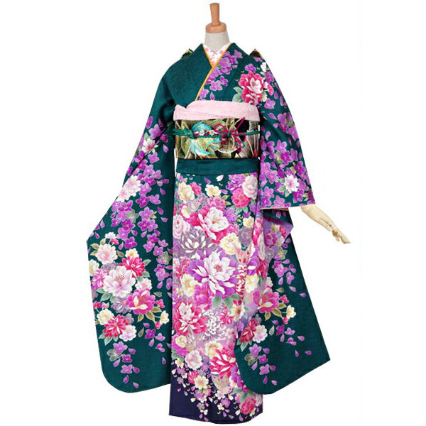 楽天市場】【成人式 振袖 レンタル】RS988 正絹 グリーン 華牡丹に蝶