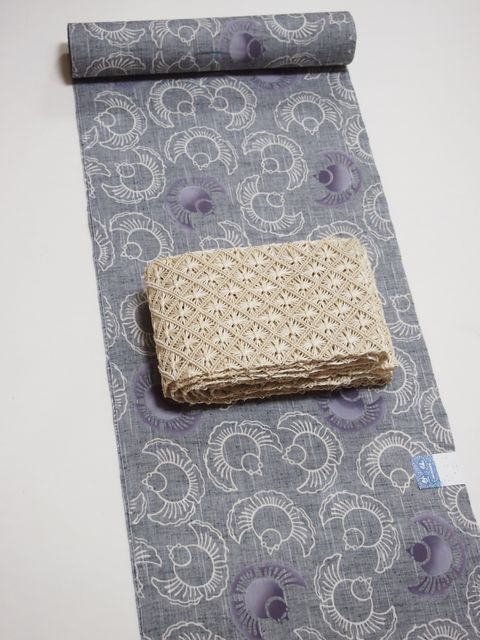 青みグレー地 紅葉と松葉文様 綿紬 大人の高級浴衣 竺仙調 ゆったり