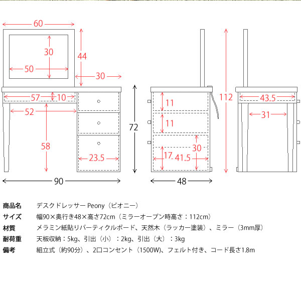 楽天市場】ドレッサー デスク テーブル 化粧台 デスクPeony(ピオニー