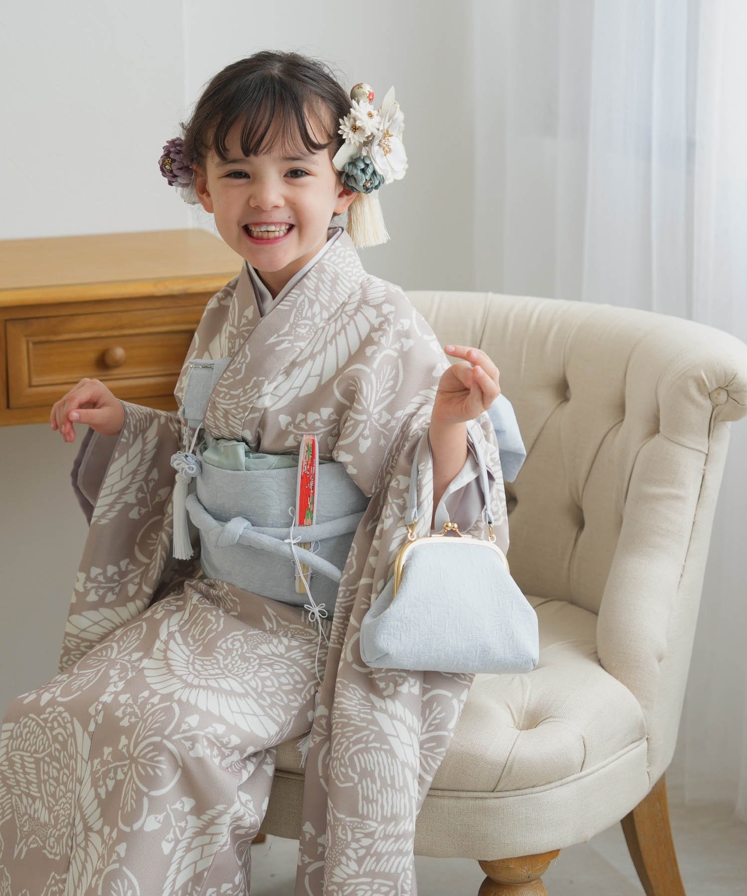 utatane｜ひよこ商店 七五三 着物 7歳 女の子 四つ身 白茶鳳凰