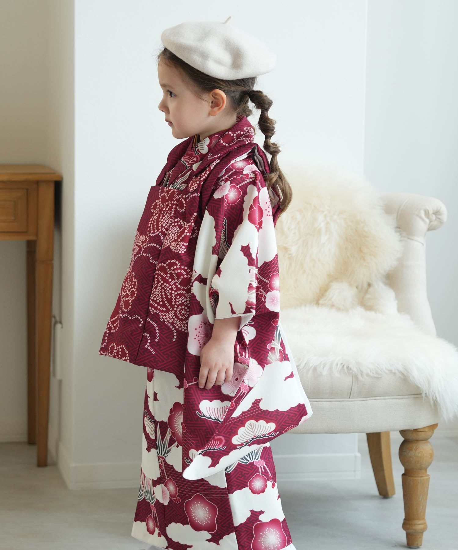 utatane｜ひよこ商店 七五三 着物 3歳 女の子 被布セット えんじの絞り