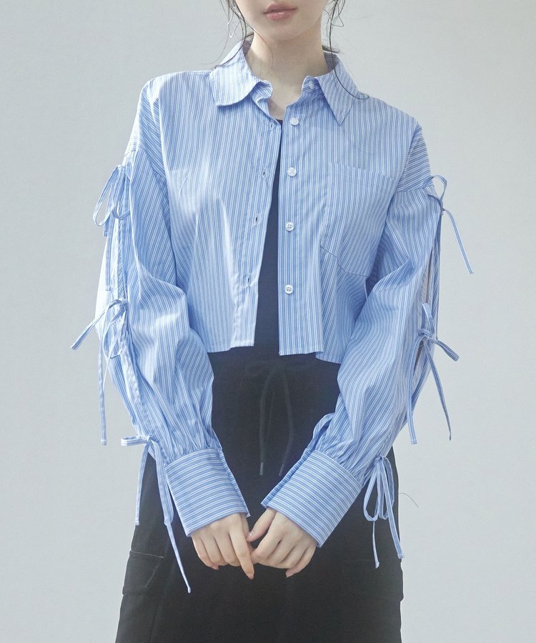 SAISON DE PAPILLON｜袖リボンショート丈ストライプシャツ | Rakuten