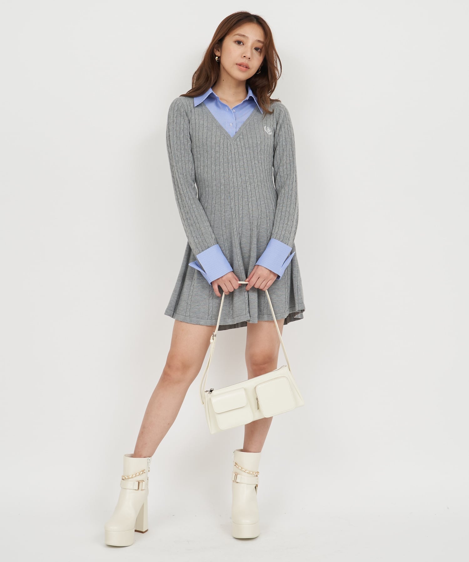 ROYAL PARTY｜オリジナルカレッジロゴシャツ付ケーブルニットミニ