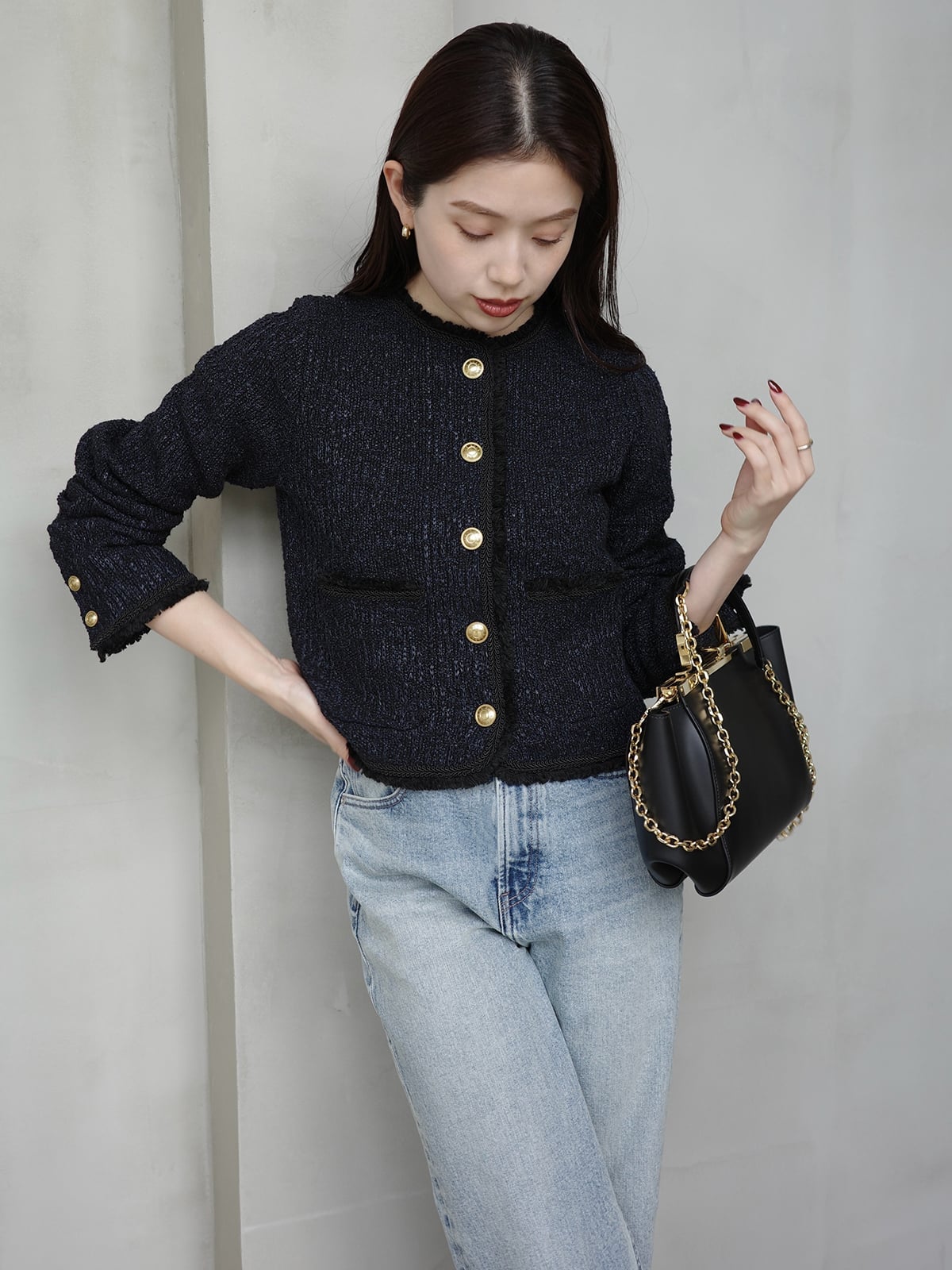 anuans｜クラシカルノーカラーニットジャケット | Rakuten Fashion