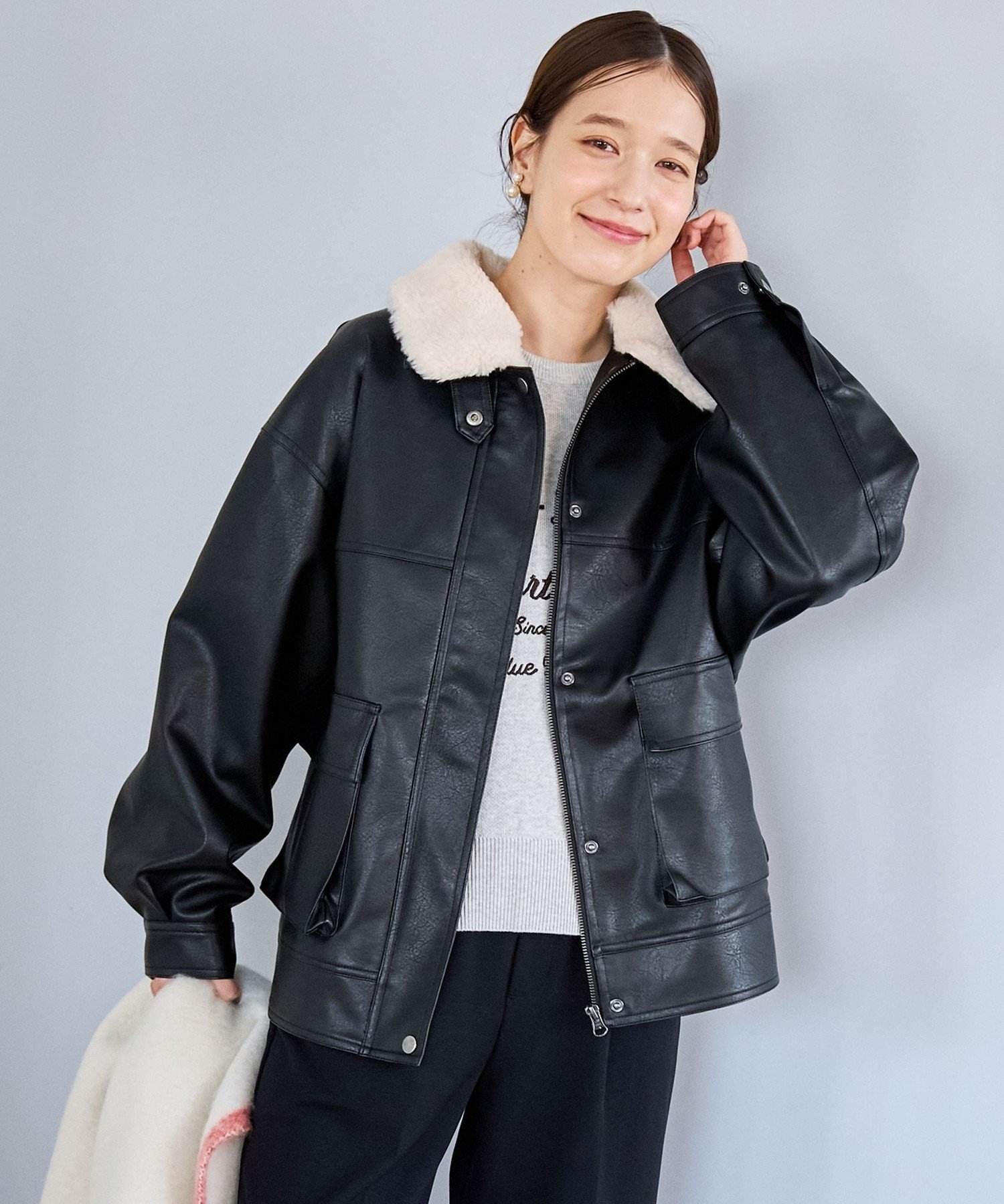 coen｜ボア襟付きレザーライクヴィンテージブルゾン | Rakuten Fashion